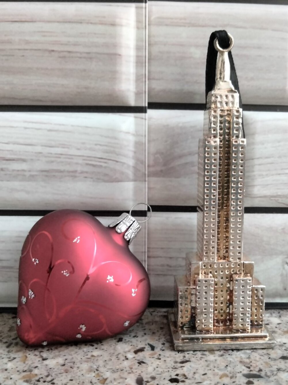 DUO: Blown Glass Heart & Metal Empire State Building Ornaments
